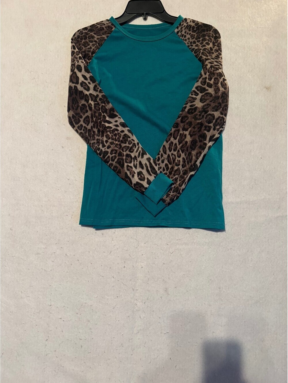 Women's Teal Long Sleeve Top with Leopard Print Sleeves